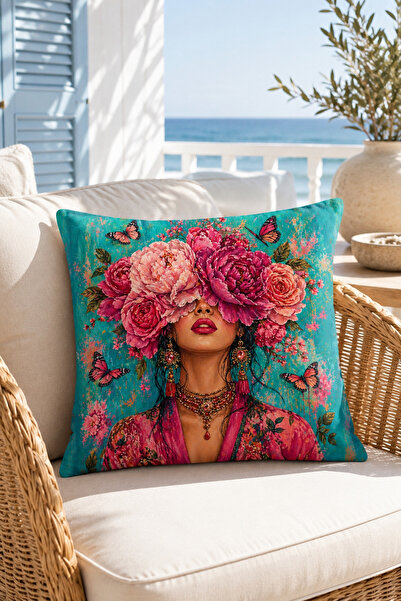 Evmila Flower Crowned Woman Butterfly Patterned Decorative Throw Pillow Cover...