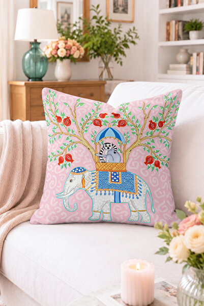 Home Fil ve Lemur Figürlü Nar Ağacı Desenli Kırlent Kılıfı - Pembe Fonlu Renk...