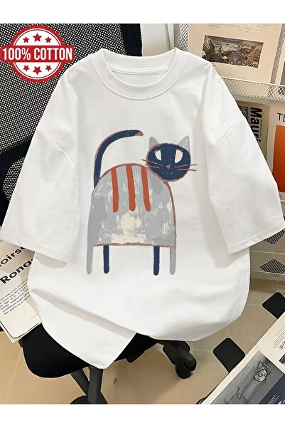 AEMİ Tricou unisex cu imprimeu cu pisici, supradimensionat, cu gât rotund