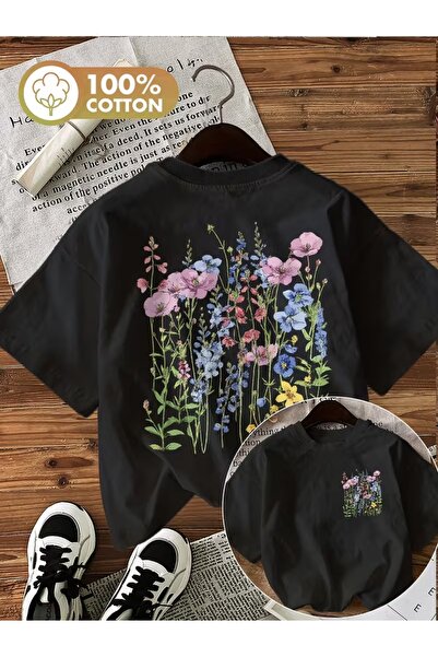 AEMİ Unisex cveće Štampano Oversize kroj okrugla kragna T-shirt