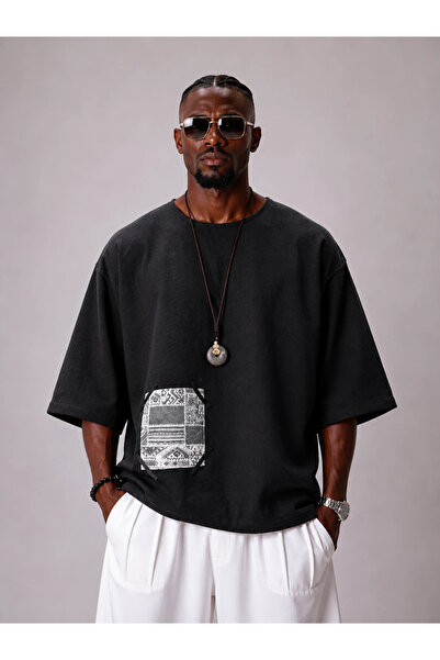 FıttingRoom Oversize Bohemian Cotton Linen Black Tshirt
