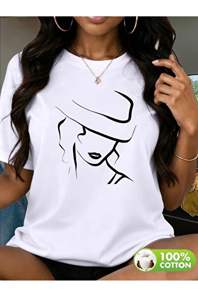 AEMİ Unisex Women's Printed Oversize Crew Neck T-Shirt with Hat