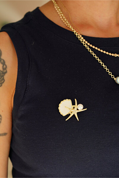 FASHİON JEWELRY Zirkon Taşlı İncili Mineli Midye Kabuklu Deniz Yıldızı Broş