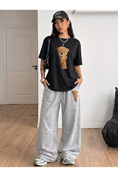 darkopia Unisex Teddy Bear Printed Oversize T-Shirt and Baggy Sweatpants - Su...