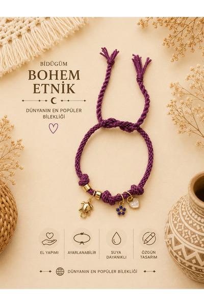 Bidüğüm Handmade Purple Charm Rope Bracelet – Bohemian Ethnic Adjustable Wome...