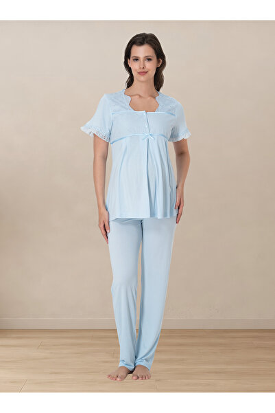 ByLohusa Short Sleeve Lace Detailed Maternity Pajama Set Effortt - Blue