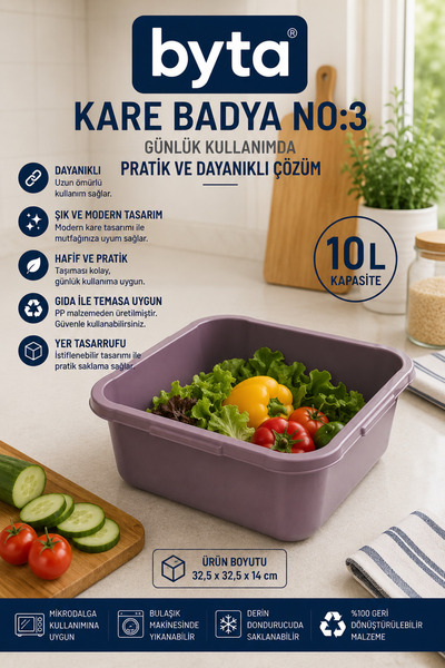 BYTA 10 L Square Plastic Basin No:3 Bpa-Free Large Size Multi-Purpose Food Pr...