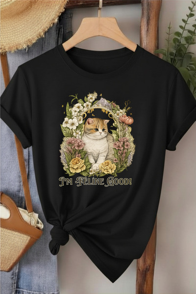 l'eivor Tricou din bumbac pentru femei cu imprimeu I'm Feline Good Cat