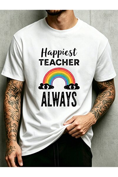 NOURAM Happiest Always Rainbow Design Men'S Crewneck T-Shirt Loose Fit 100 Pe...