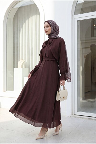 Modamorfo Removable Bolero Belted Lined Double Layered Tulle Voile Dress - Plum