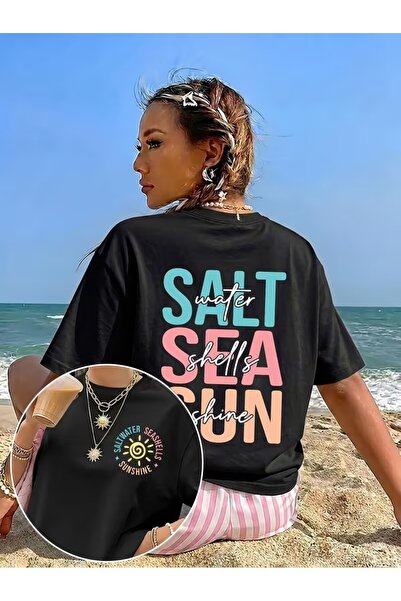 AEMİ Tricou unisex cu imprimeu Salt Sea Sun, supradimensionat, cu gât rotund