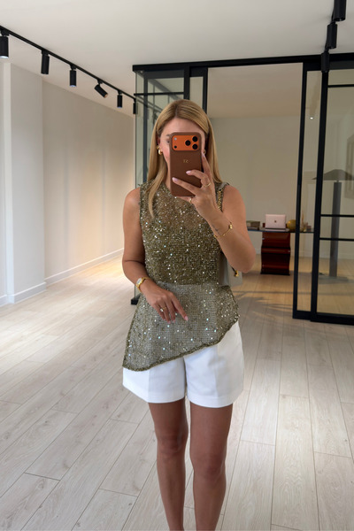 Sezgi Tekin Sequined Asymmetrical Khaki Mesh Blouse