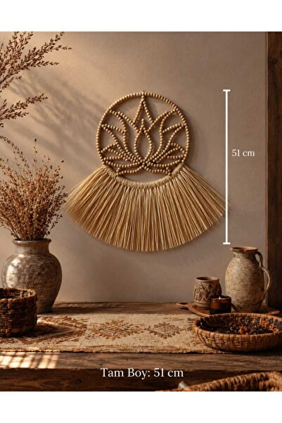 furestan home&lıvıng El Yapımı Ahşap Boncuklu Lotus Hasır Duvar Süsü -Bohem D...