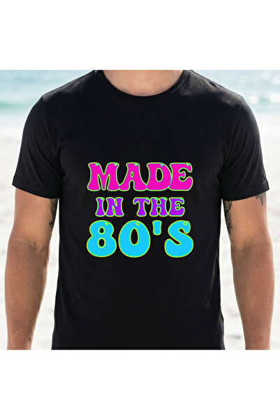 1001 Line Black T-Shirt from 1980S with Neon Text Design, Suitable for Casual...