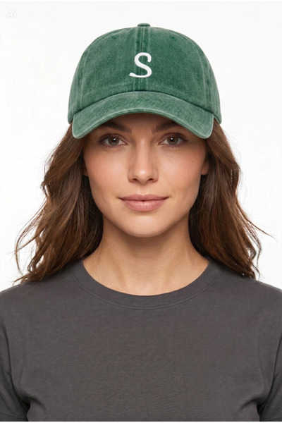 ŞapkaMania Letter S Dark Green Embroidered Washable Vintage Unisex Hat