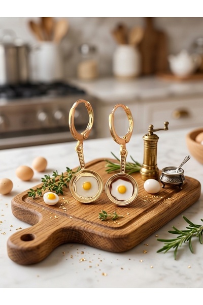 She Combines Gold Color Fun Dangle Hoop Earrings with Egg and Pan Figures for...