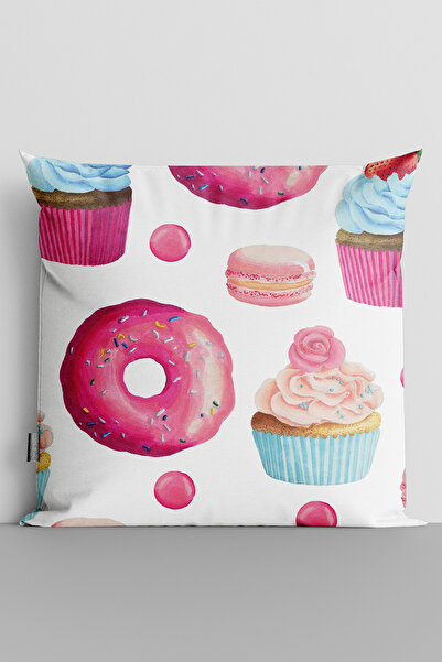 TicaretJet Donut Cake and Macaron Double Sided Digital Printed Throw Pillow C...
