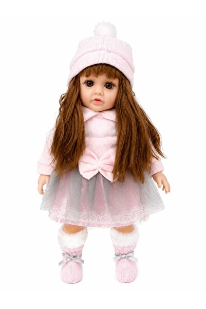 Realistic Soft Body Baby Girl Doll with Winter Outfit — Brown Hair, Pink Dress