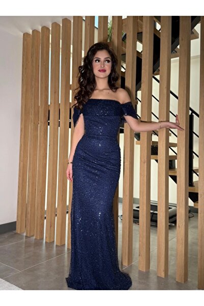 ayşenur Dinçer butik Leyna Madonna Boncuklu Abiye Lacivert