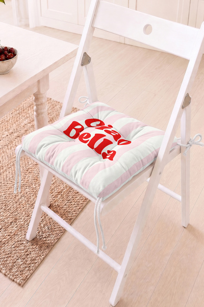 Home Pembe Beyaz Çizgili Ciao Bella Yazılı Pofidik Sandalye Minderi - Retro D...