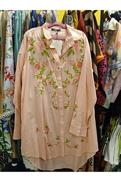 Generic Woman's Floral Embroidered Long Shirt, Peach, Button-Down, Long Sleev...