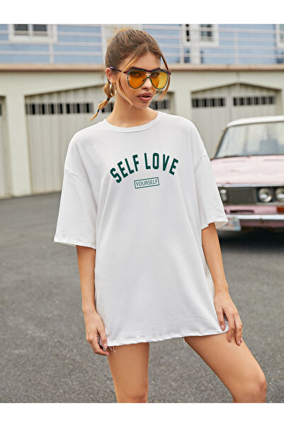 dont quıt Women's White Oversize T-Shirt Self Love