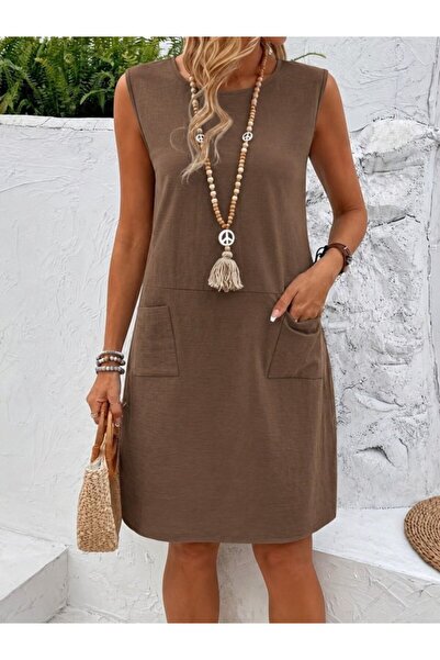 Kokosh moda Women's Crew Neck Pocket Detailed Simple Elegance Linen Short Dress