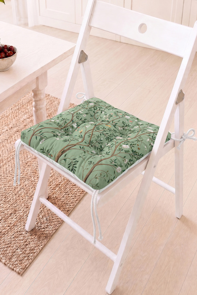 Home Çiçek Motifli Pofidik Sandalye Minderi - Yeşil Botanik Desenli Dekoratif...