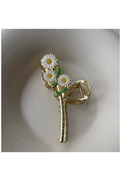 shika Daisy Detailed Gold Color Metal Hairpin - Luxurious Pearl Flower Hairpin
