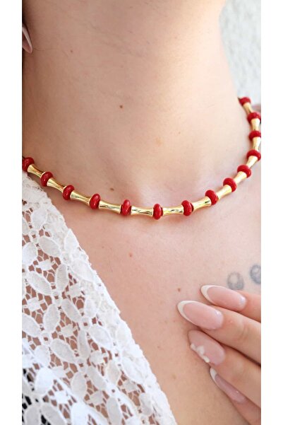 Jerie Gold Red Ball Detail Necklace