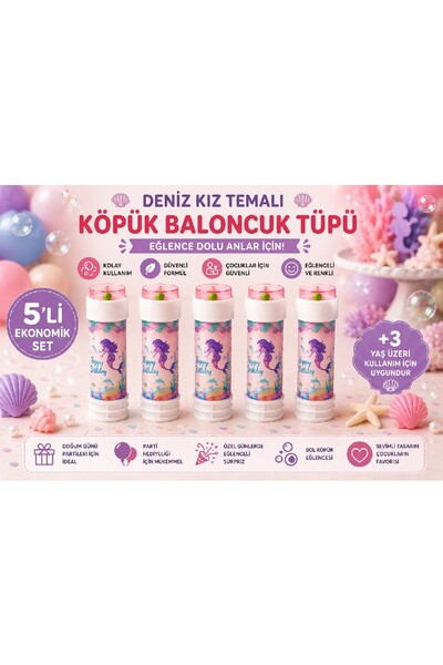 BKMC PARTY Deniz Kızı Temalı Köpük Baloncuk Tüpü 3'lü / 5'li / 10'lu Set Doğu...