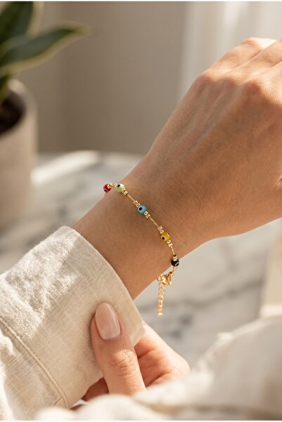Mijja 7 Mini Glass Colorful Evil Eye Beads Detailed Gold Chain Lacquer Plated...