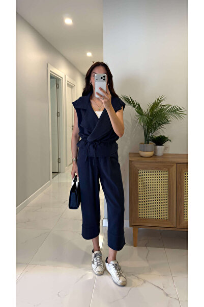 BİRCANÇİL Siteros Navy Blue Linen Vest and Trousers Set