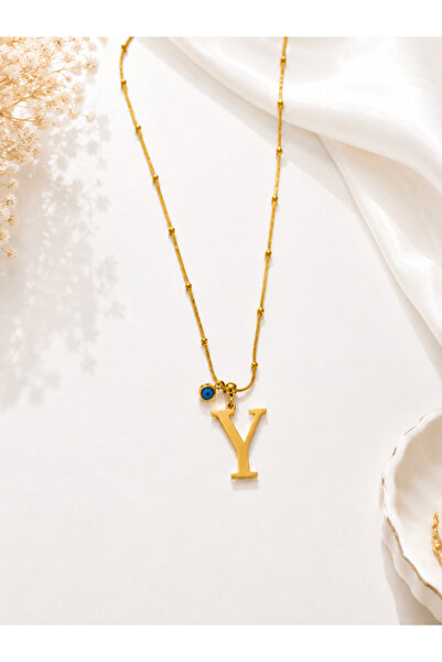 Lilith Takı Steel Necklace with Letter Y and Evil Eye Beads |   Gold Letter N...