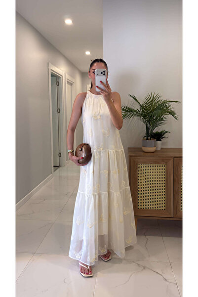 BİRCANÇİL Wudsy Cream Embroidered Lined Dress