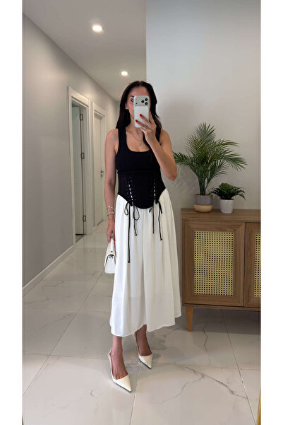 BİRCANÇİL Yugas Ecru Black Corset Detailed Lined Dress