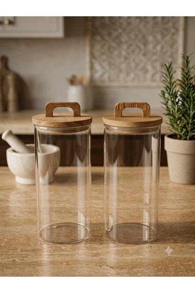 Demirhan 2-Piece Vacuum Acacia Wood Lid Glass Jar - Food/Grain Storage Container
