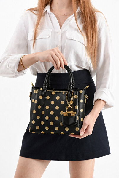 cocy-col Odivy Women's Hand and Shoulder Bag Black-Gold Polka Dot