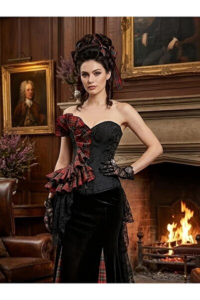 Mournbelle Gotik / Vintage Asimetrik Dantelli Ekose Korse