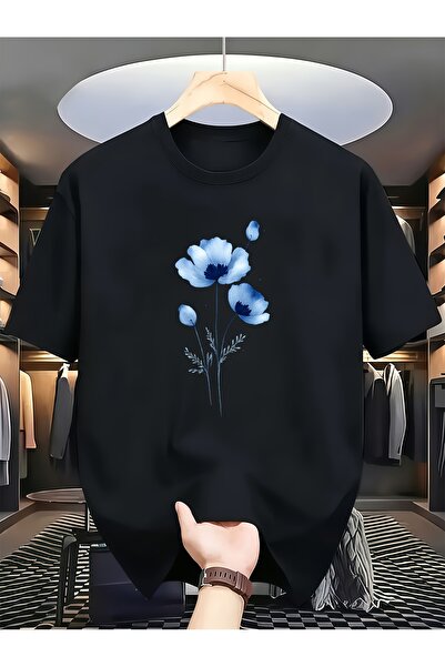 212Wear قميص رجالي أزرق بطباعة زهور وياقة دائرية وأكمام قصيرة، مناسب للارتداء...
