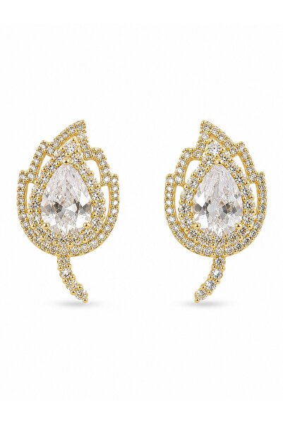 serelya Brass Gold Color Zircon Stone Leaf Model Women's Earrings