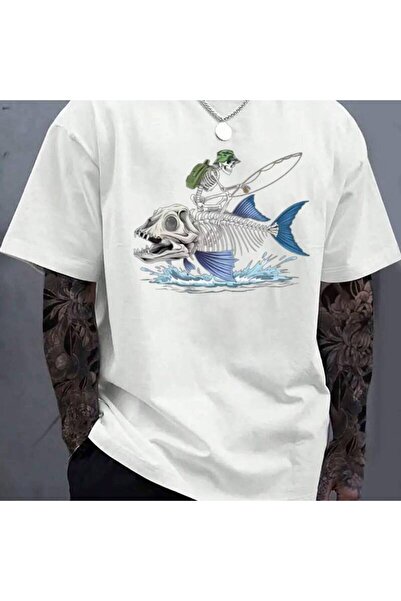 BASEPULSE 100% Men'S Black T-shirt with Riding Blue Fin Skeleton Fish Casual ...