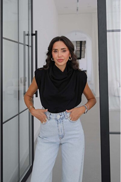 Havoş Black Draped Collar Blouse