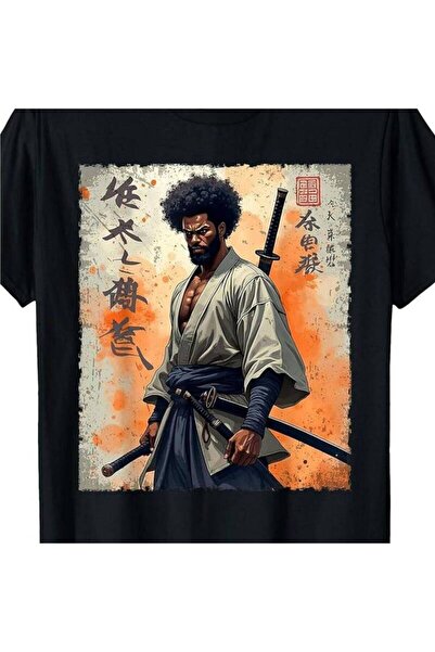 LİNA06 Samurai Warrior Afro Graphic Black T-Shirt Unique Kimono Design Katana...