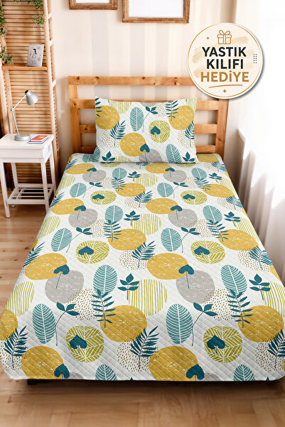 Evimde Bambaşka Yellow Leafed Botanical Young Room Single Pique Set - Turquoi...