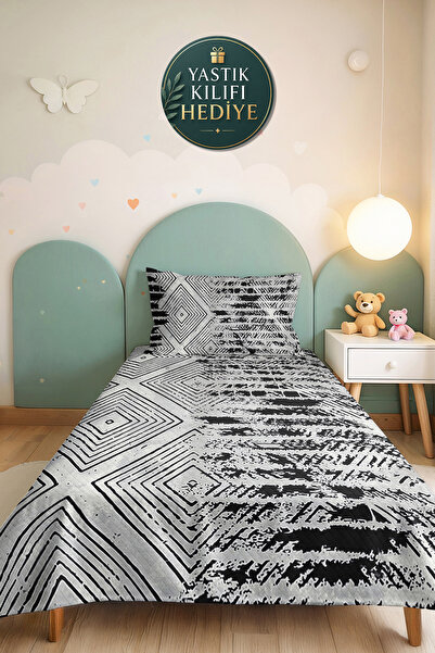 Evimde Bambaşka Black Geometric Modern Young Room Single Pique Set-Grey Ethni...