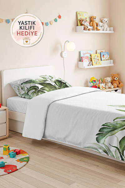 Evimde Bambaşka Green Tropical Leaf Single Pique Set - Botanical White Monste...