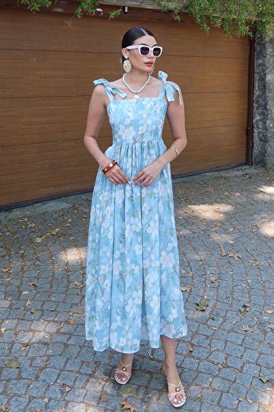 BEJNA Women's Patterned A-Line Linen Touch Woven Dress with Tie Straps