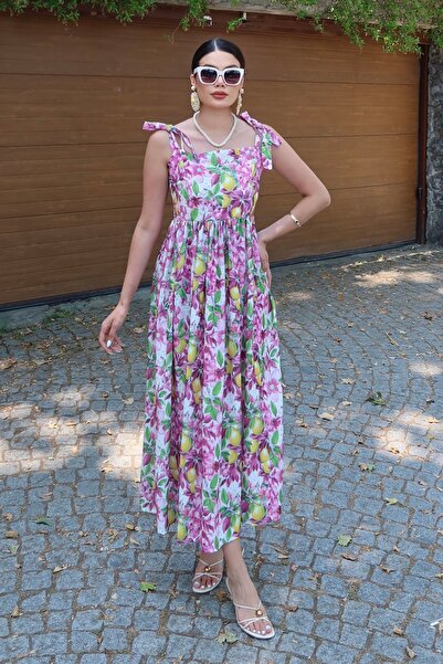 BEJNA Women's Patterned A-Line Linen Touch Woven Dress with Tie Straps