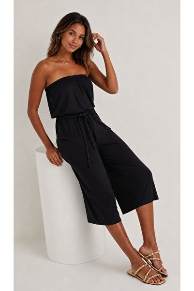 Merlot Black Strapless Jumpsuit with Knitted Belt and Pockets and Cropped Legs